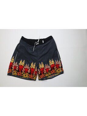 Vintage Y2K Streetwear Mens XL Fire Flames Skull Lined Shorts Swim Trunks Board